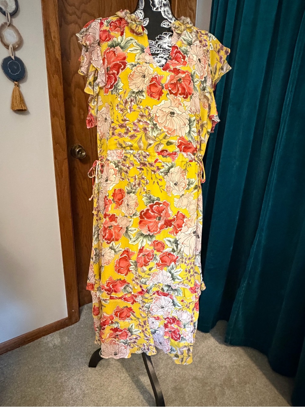 dolan Yellow Floral Midi Dress with Red & Cream Blooms